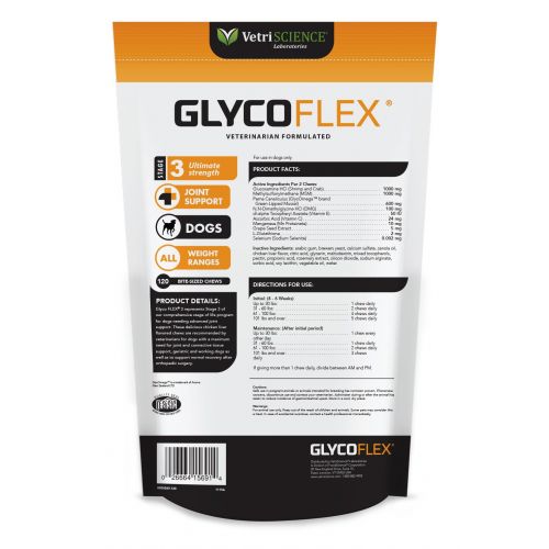  VetriScience Laboratories - Glycoflex 3 Hip & Joint Support for Dogs, with Glucosamine, DMG, MSM & Green Lipped Mussel. 120 Bite Sized Chews