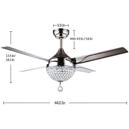  Vhouse-us Vhouse 44 inch Crystal Ceiling Fan Light with Remote Control 4 Stainless Steel Blades 3-Color dimming Light Modern Chandeliers Pendant Lighting