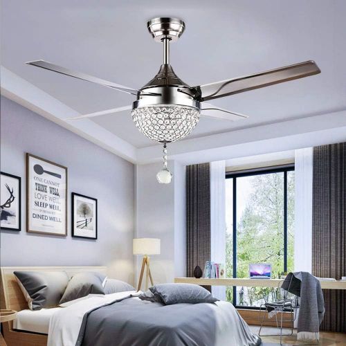  Vhouse-us Vhouse 44 inch Crystal Ceiling Fan Light with Remote Control 4 Stainless Steel Blades 3-Color dimming Light Modern Chandeliers Pendant Lighting