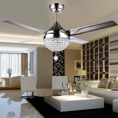  Vhouse-us Vhouse 44 inch Crystal Ceiling Fan Light with Remote Control 4 Stainless Steel Blades 3-Color dimming Light Modern Chandeliers Pendant Lighting