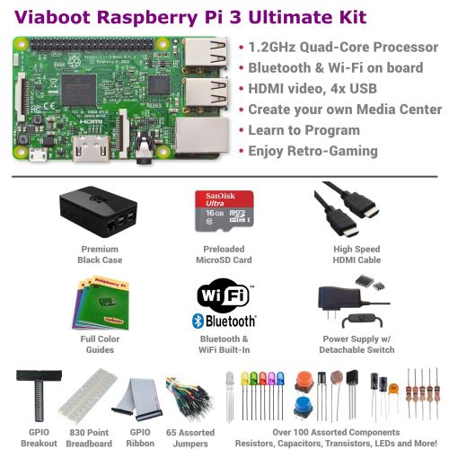  Viaboot Raspberry Pi 3 Ultimate Kit  Official Micro SD Card, Premium Black Case Edition