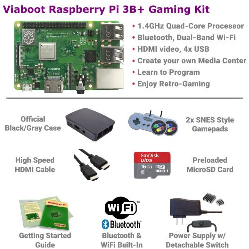  Viaboot Raspberry Pi 3 B+ Gaming Kit  Official 16GB MicroSD Card, Official Rasbperry Pi Foundation BlackGray Case, SNES Edition