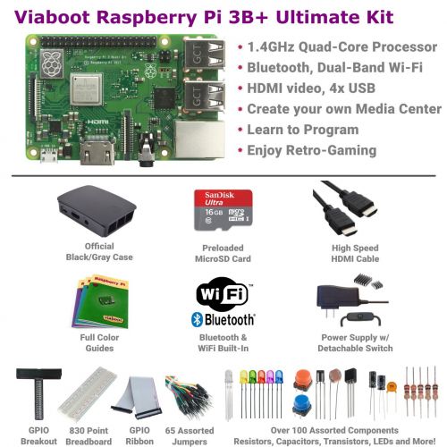  Viaboot Raspberry Pi 3 B+ Ultimate Kit  Official 16B MicroSD Card, Official Rasbperry Pi Foundation BlackGray Case Edition