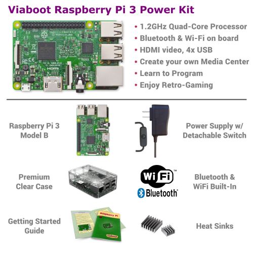  Viaboot Raspberry Pi 3 Power Kit  UL Listed 2.5A Power Supply, Premium Clear Case Edition