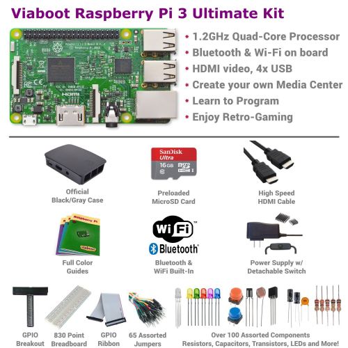  Viaboot Raspberry Pi 3 Ultimate Kit  Official Micro SD Card, Official BlackGray Case Edition