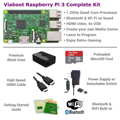  Viaboot Raspberry Pi 3 Complete Kit  Official Micro SD Card, Premium Black Case Edition