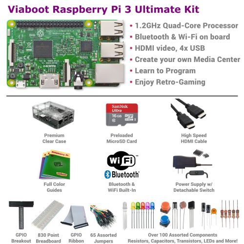  Viaboot Raspberry Pi 3 Ultimate Kit  Official Micro SD Card, Premium Clear Case Edition