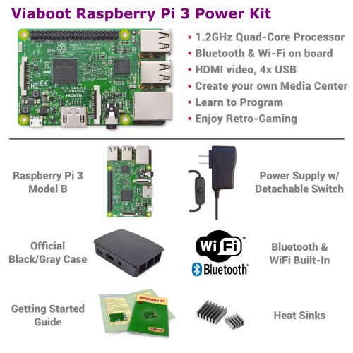  Viaboot Raspberry Pi 3 Power Kit  UL Listed 2.5A Power Supply, Official BlackGray Case Edition