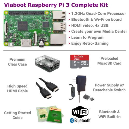  Viaboot Raspberry Pi 3 Complete Kit  Official Micro SD Card, Premium Clear Case Edition