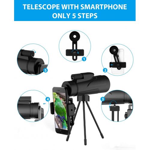  Viajero 12X50 Monocular Telescope, High Power Monocular with Smartphone Holder & Tripod, Waterproof Zoom Telescope, BAK4 Prism Dual Focus for Hunting Bird Watching