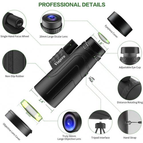  [아마존베스트]Viajero Monocular Telescope, 12X50 HD Starscope Monocular for iPhone Android, Waterproof Zoom Telescope for Adults Kids with Smartphone Holder & Tripod, BAK4 Prism & FMC for Bird W