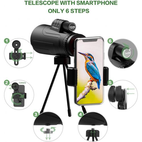  [아마존베스트]Viajero Monocular Telescope, 12X50 HD Starscope Monocular for iPhone Android, Waterproof Zoom Telescope for Adults Kids with Smartphone Holder & Tripod, BAK4 Prism & FMC for Bird W