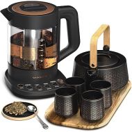 Viante Luxury Tea Set. Electric Kettle with Tea Infuser for Loose Leaf Tea And Ceramic Serving Set. Tea Pot And Cups Set With Wooden Tray. Excellent Gift Idea For Tea Lovers.