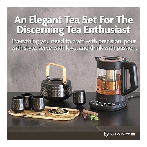  Viante Luxury Tea Set. Electric Kettle with Tea Infuser for Loose Leaf Tea And Ceramic Serving Set. Tea Pot And Cups Set With Wooden Tray. Excellent Gift Idea For Tea Lovers.