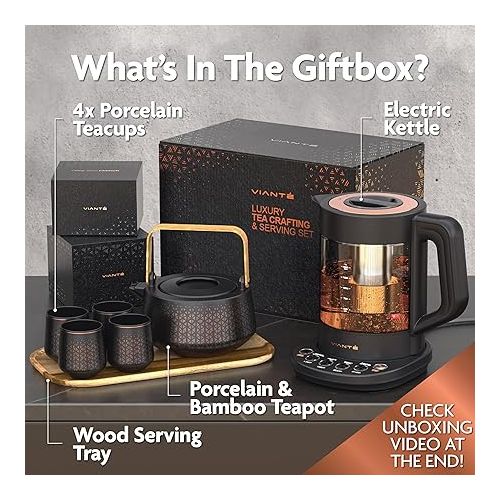  Viante Luxury Tea Set. Electric Kettle with Tea Infuser for Loose Leaf Tea And Ceramic Serving Set. Tea Pot And Cups Set With Wooden Tray. Excellent Gift Idea For Tea Lovers.