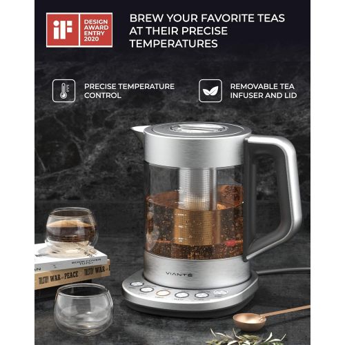  Viante Electric Glass Kettle and Tea Maker with Removable Infuser and Temperature Controls. Brewing Programs for your favorite types of teas and Coffees. Stainless Steel Glass Boiler. BPA