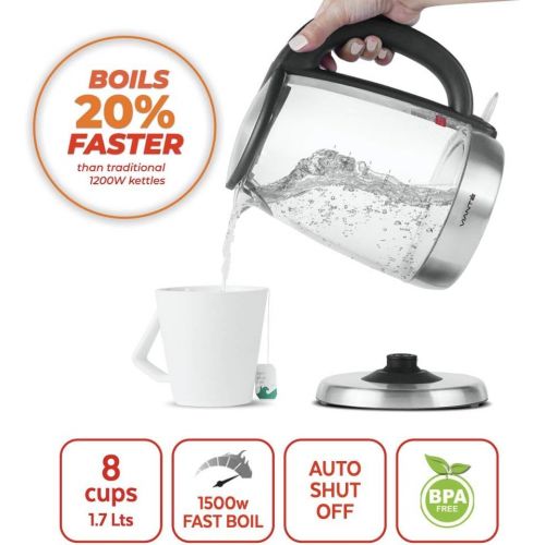  [아마존베스트]Viante Glass Electric Tea Kettle. Fast Water Boiler. BPA-FREE Stainless Steel & Borosilicate Glass. 30-second HOLD BOIL sanitizing feature. Deisgned in Italy. 8 Cups Capacity. 1.7 Liters