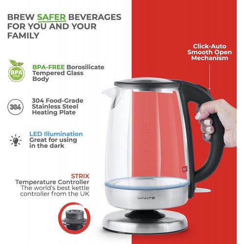  [아마존베스트]Viante Glass Electric Tea Kettle. Fast Water Boiler. BPA-FREE Stainless Steel & Borosilicate Glass. 30-second HOLD BOIL sanitizing feature. Deisgned in Italy. 8 Cups Capacity. 1.7 Liters