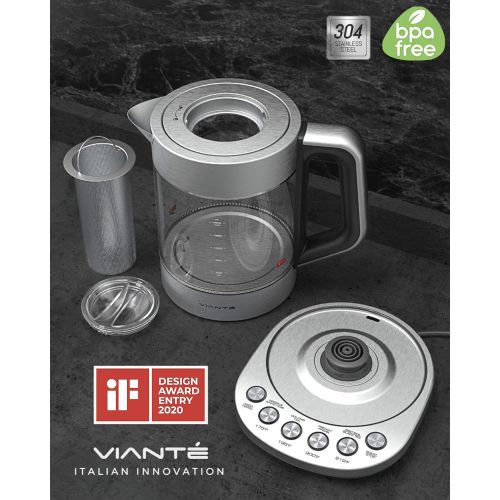  [아마존베스트]Viante Electric Glass Kettle and Tea Maker with Temperature Controls. Digital Water heater. Programmable for your favorite types of tea & Coffee. Removable Tea Infuser. Stainless Steel Gl