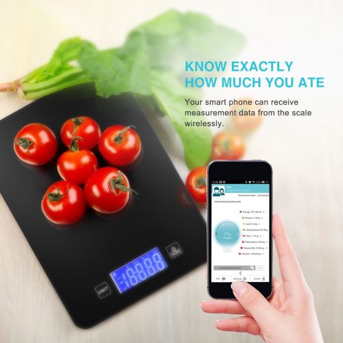  VicTsing Smart Bluetooth Food Scale with App, Digital Wireless Kitchen Scale with Reinforced Glass and Touch Buttons LED Display with Backlit (4pcs AAA batteries included), for Hea