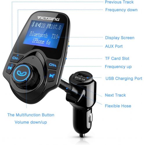  [아마존 핫딜] [아마존핫딜]VicTsing Bluetooth FM Transmitter, Wireless in-Car Radio Transmitter Adapter/w USB Port, Support AUX Input 1.44 Inch Display TF Card Slot - Black