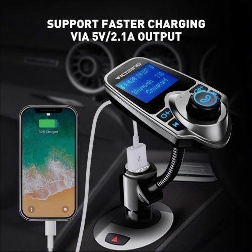  [아마존베스트]VicTsing Bluetooth FM Transmitter, Wireless In-Car Radio Transmitter Adapter /w USB Port, Support AUX Input 1.44 Inch Display TF Card Slot - Silver Grey