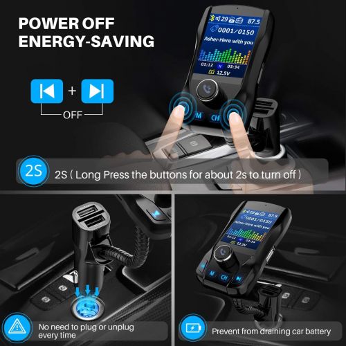  [아마존베스트]VicTsing (Upgraded Version) 1.8 Color Display Bluetooth FM Transmitter for Car, Wireless Radio Transmitter Adapter with EQ Mode, Power Off, 3 USB Ports, 4 Music Playing, Hands-Free