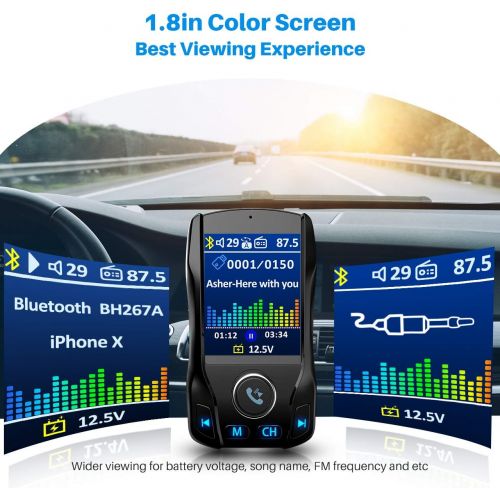  [아마존베스트]VicTsing (Upgraded Version) 1.8 Color Display Bluetooth FM Transmitter for Car, Wireless Radio Transmitter Adapter with EQ Mode, Power Off, 3 USB Ports, 4 Music Playing, Hands-Free