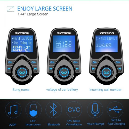  [아마존베스트]VicTsing Bluetooth FM Transmitter, Wireless in-Car Radio Transmitter Adapter/w USB Port, Support AUX Input 1.44 Inch Display TF Card Slot - Black