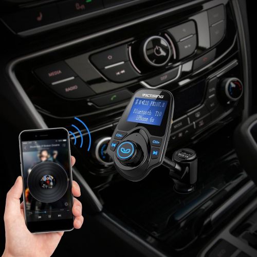  [아마존베스트]VicTsing Bluetooth FM Transmitter, Wireless in-Car Radio Transmitter Adapter/w USB Port, Support AUX Input 1.44 Inch Display TF Card Slot - Black