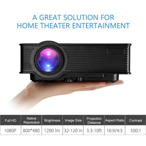  VicTsing Video Projector Mini Portable HD 1080P LED Home Projector, Support USB VGA AV HDMI SD Card Input Home Cinema Theater for Video Movie Party Games Home Entertainment, Black