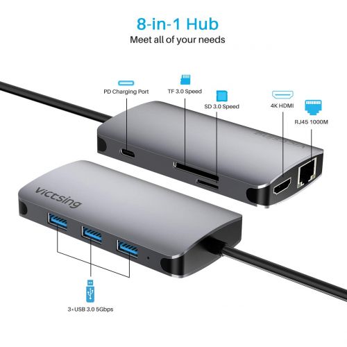  VicTsing Victsing USB C Hub, 8-in-1 Type C Hub Adapter with Ethernet Port, 4K USB C to HDMI, PD Charging, 3 USB 3.0 Ports, SD/TF Card Reader, Compatible for MacBook, Chromebook, Dell XPS, A
