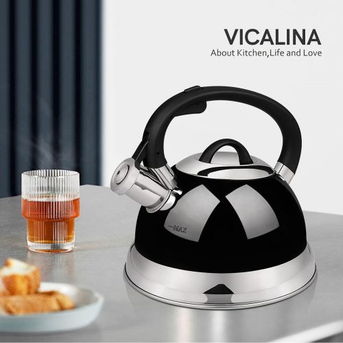  VICALINA Tea Kettle, 2.4 Quart Whistling Tea Kettle for Stove top, Stainless Steel Teapot with One-Touch Switch Button,Metallic Polishing-Black