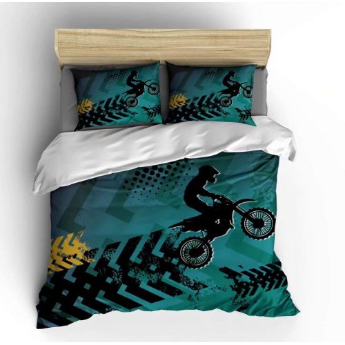  Vichonne Dirt Bike Bedding Sets Twin Size,3 Piece Motocross Racer Extreme Sports Theme Duvet Cover Sets with Pillowcases for Teens Boys Girls Bedroom Decorative,White Black,No Comf