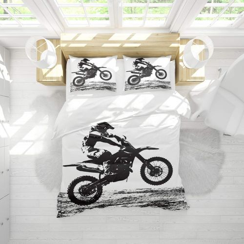  Vichonne Dirt Bike Bedding Sets Twin Size,3 Piece Motocross Racer Extreme Sports Theme Duvet Cover Sets with Pillowcases for Teens Boys Girls Bedroom Decorative,White Black,No Comf