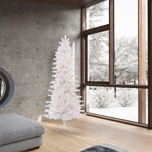  Vickerman Pre-Lit Slim Pine Tree with 400 Warm White Italian LED Lights, 6.5-Feet, Crystal White