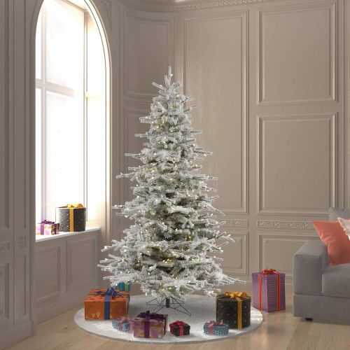  Vickerman Pre-Lit Flocked Sierra Tree with 400 Warm White Italian LED Lights, 6.5-Feet, Flocked White on Green