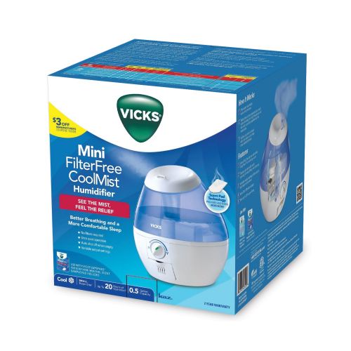 빅스 Vicks Mini Filter Free Cool Mist Humidifier Small Humidifier for Bedrooms, Baby, Kids Rooms, Auto-Shut Off, 0.5 Gallon Tank for 20 Hours of Moisturized Air, Use with Vicks VapoPads