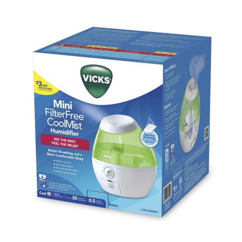 빅스 Vicks Mini Filter Free Cool Mist Humidifier Small Humidifier for Bedrooms, Baby, Kids Rooms, Auto-Shut Off, 0.5 Gallon Tank for 20 Hours of Moisturized Air, Use with Vicks VapoPads