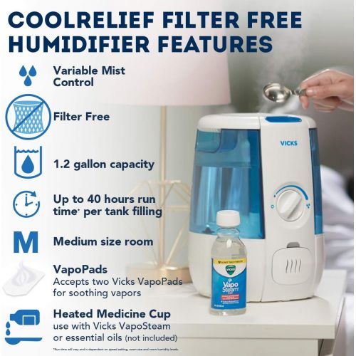 빅스 Vicks Ultrasonic CoolRelief Filter Free Humidifier with VapoSteam