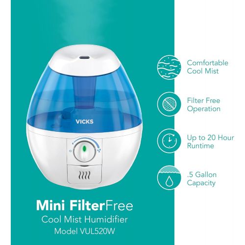 빅스 Vicks Mini Filter-Free Cool Mist Humidifier, Small Room, .5 Gallon Tank, Blue  Visible Mist Small Humidifier for Bedrooms, Baby Nurseries and More, Works with Vicks VapoPads