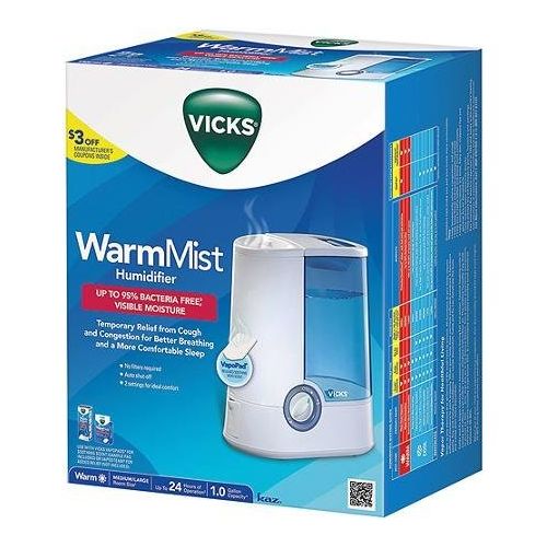 빅스 Vicks Warm Mist Humidifier with 1 Gallon of Water Can Run for up to 24 Hours, While an Automatic Shut-off Function Helps Maintain Safe Usage