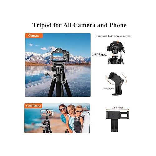  VICTIV Tripod 74” Camera Tripod for Cell Phone, Aluminum Professional Heavy Duty Camera Tripod Stand, Tripod for Camera DSLR SLR with Carry Bag, Compatible with Canon Nikon iPhone