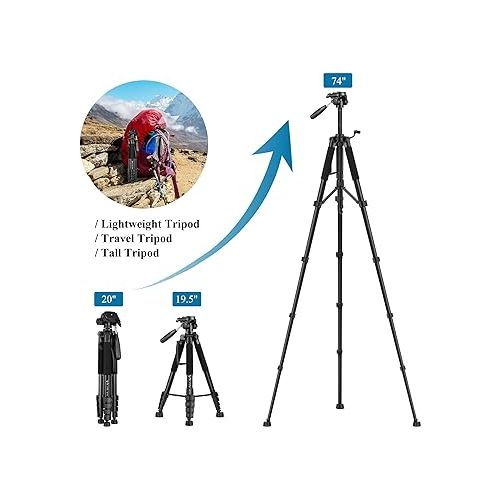  VICTIV 74” Camera Tripod, Tripod for Camera and Phone, Aluminum Heavy Duty Tripod Stand for Canon Nikon with Carry Bag and Phone Holder, Compatible with DSLR, iPhone, Spotting Scopes, Max Load 15 Lb