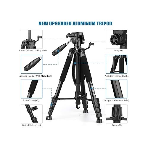  VICTIV 74” Camera Tripod, Tripod for Camera and Phone, Aluminum Heavy Duty Tripod Stand for Canon Nikon with Carry Bag and Phone Holder, Compatible with DSLR, iPhone, Spotting Scopes, Max Load 15 Lb
