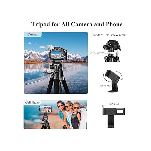  VICTIV 74” Camera Tripod, Tripod for Camera and Phone, Aluminum Heavy Duty Tripod Stand for Canon Nikon with Carry Bag and Phone Holder, Compatible with DSLR, iPhone, Spotting Scopes, Max Load 15 Lb