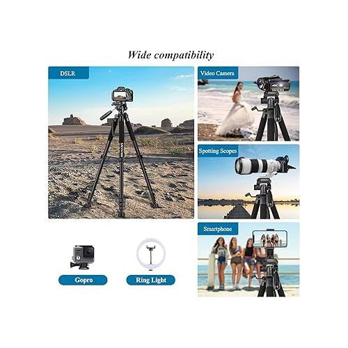  VICTIV 74” Camera Tripod, Tripod for Camera and Phone, Aluminum Heavy Duty Tripod Stand for Canon Nikon with Carry Bag and Phone Holder, Compatible with DSLR, iPhone, Spotting Scopes, Max Load 15 Lb