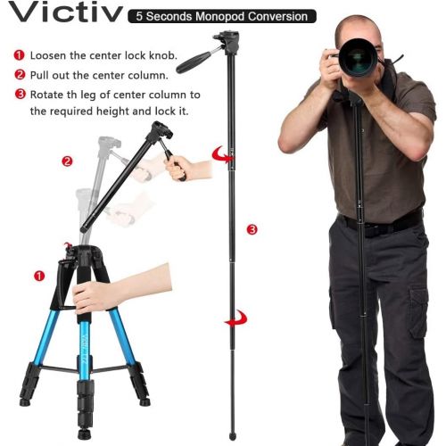  Victiv 72-inch Camera Tripod Aluminum T72 with Phone Tripod Mount- Lightweight Tripod & Monopod Compact for Travel with 2 Quick Release Plates for Canon Nikon DSLR Video Shooting -