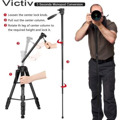  Victiv 72-inch Camera Tripod Aluminum Monopod T72 Max. Height 182 cm - Lightweight and Compact for Travel with 3-Way Swivel Head and 2 Quick Release Plates for Canon Nikon DSLR Vid