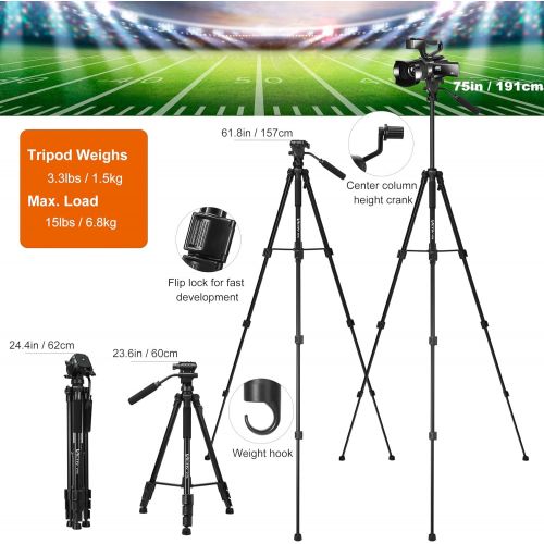  Victiv Tripod, 75 inch Tripod for Camera 15 lbs Loads with Fluid Head, 2 Quick Release Mounts and Tablet & Phone Mount